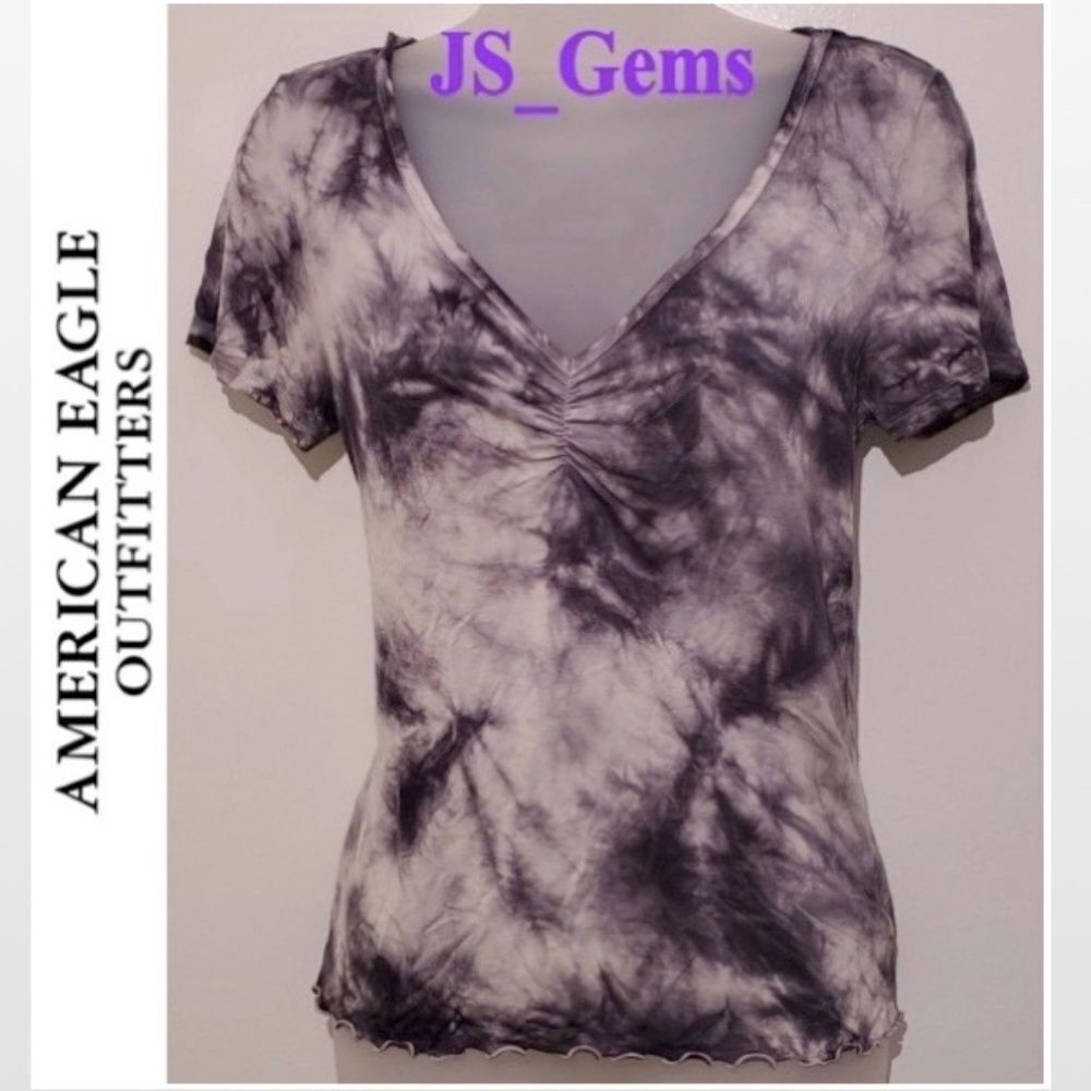 American Eagle Top Womens Medium Tee Tie Dye White Black Grey V-Neck Ruching AE